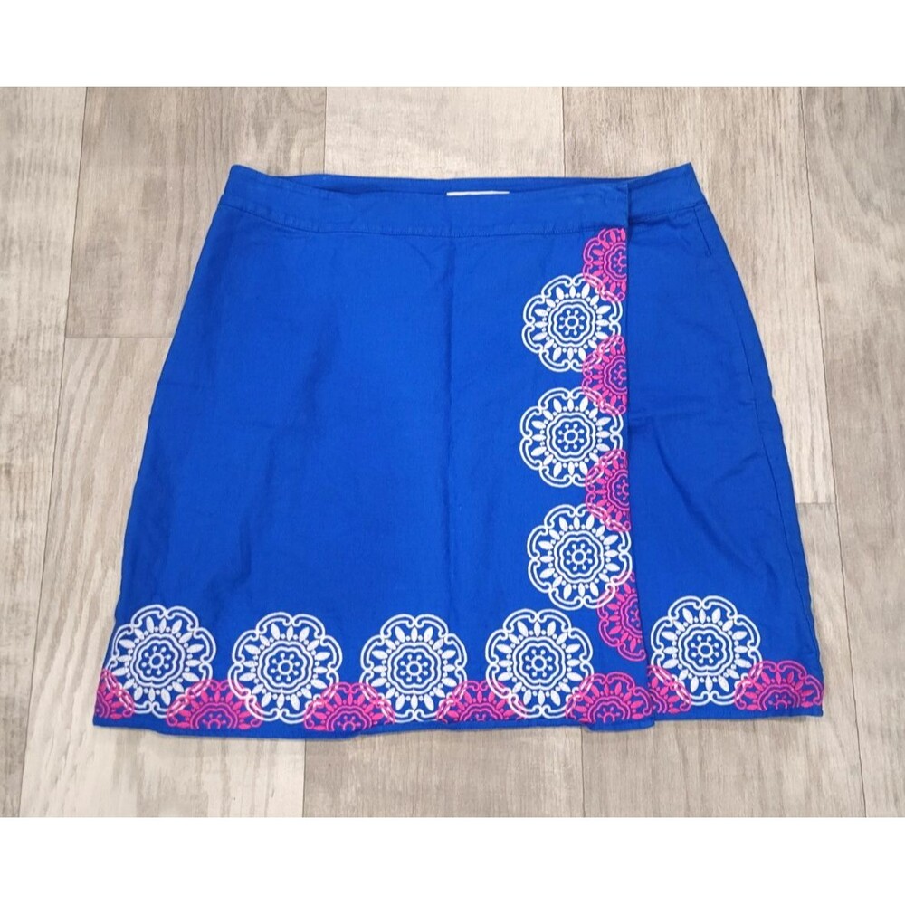 Boden Anville Blue Mini Wrap Skirt Sz 12 Linen Blend Mandala Embroidered Pockets